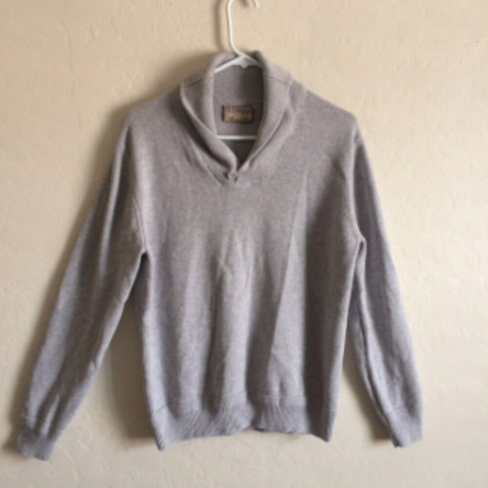 British Khaki Sweater Mens Large Gray Long Sleeve Shawl Collar Cotton Knit